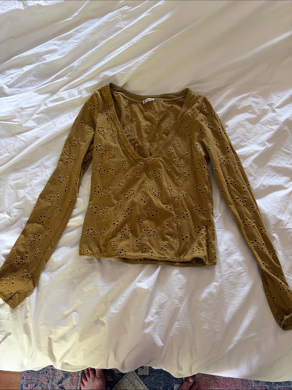 Free People Mustard Eyelet V-Neck Long Sleeve Top